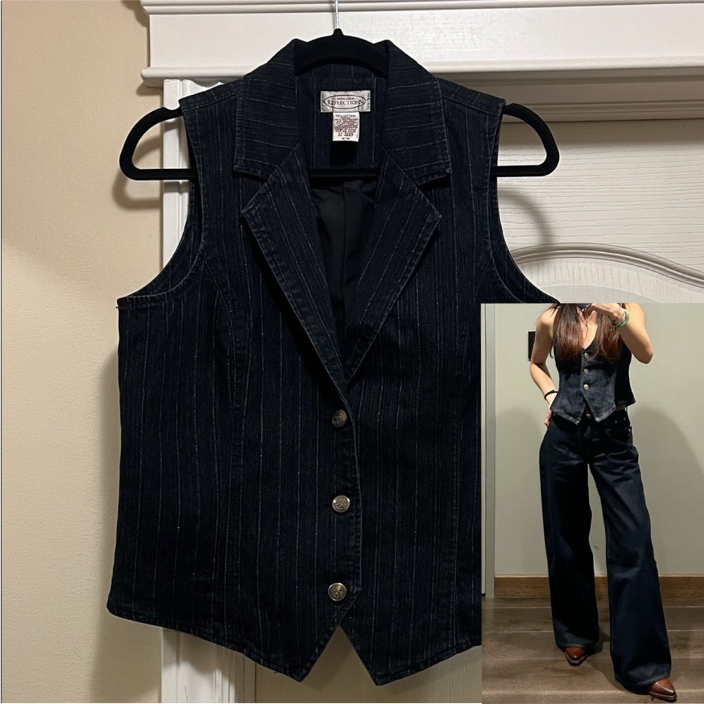 90s Dark Wash Denim Vest with Pinstripe